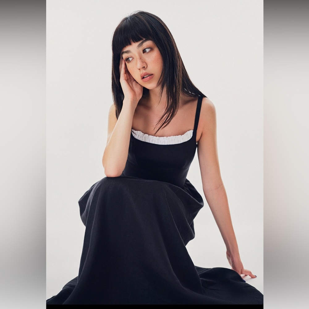 Black Midi Dress with White Trim - Women's Elegant Sleeveless Dress